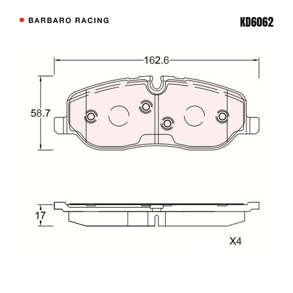 Barbaro Racing KD6062 brake pad shape drawing - 162.6 x 58.7 x 17 mm