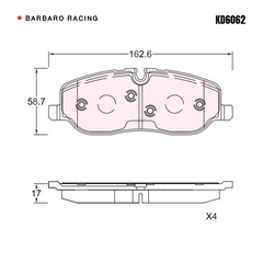 Barbaro Racing KD6062 brake pad shape drawing - 162.6 x 58.7 x 17 mm