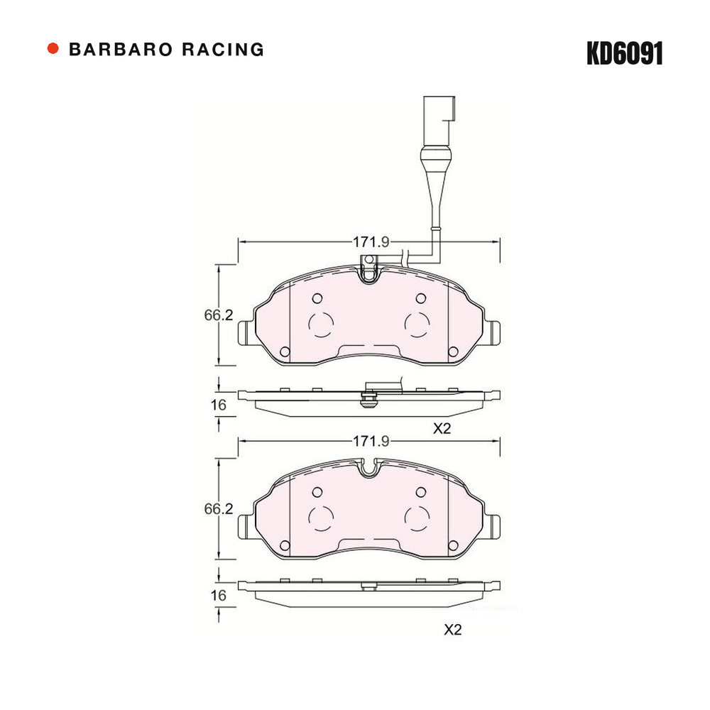 Barbaro Racing KD6091 brake pad shape drawing - 171.9 x 66.2 x 16 mm