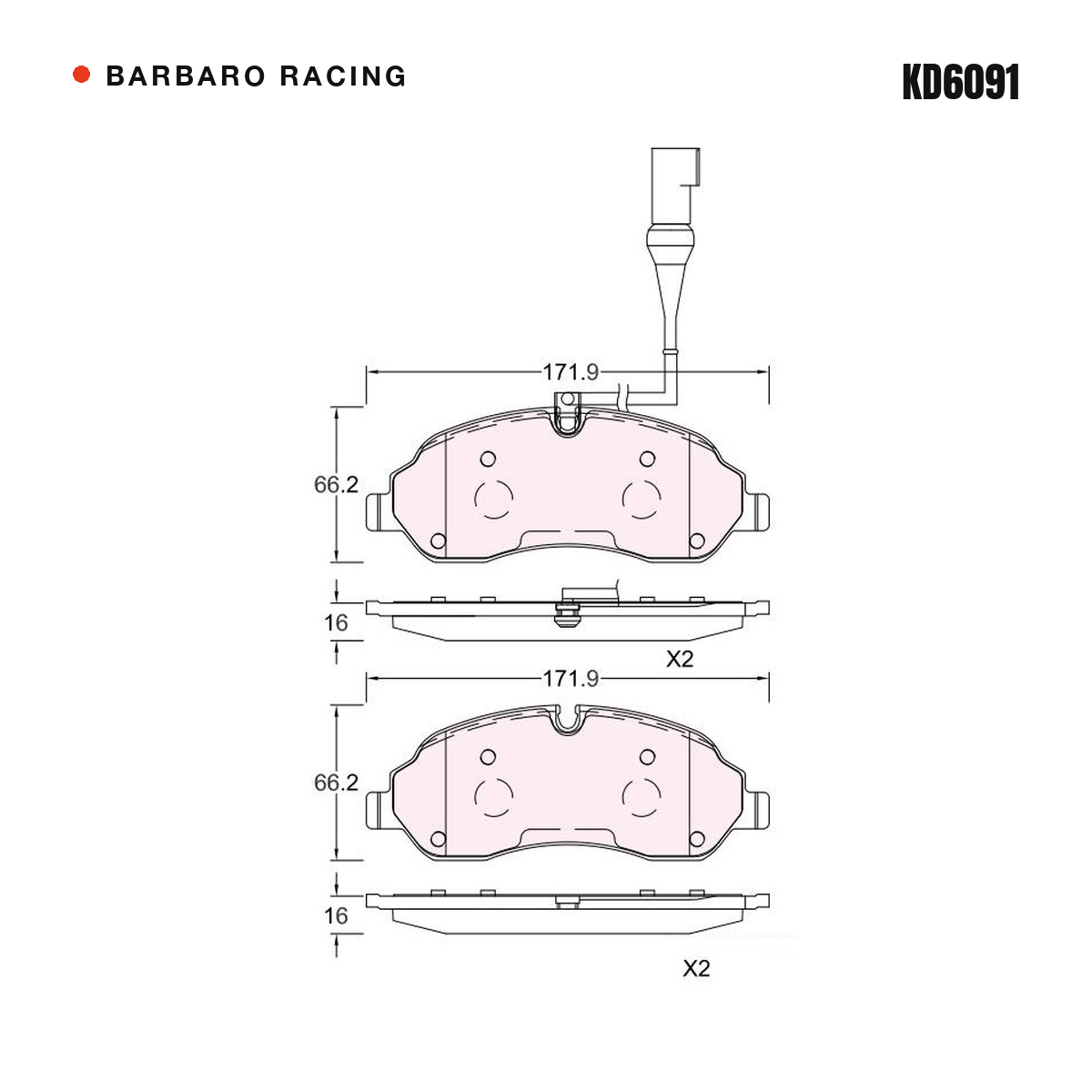 Barbaro Racing KD6091 brake pad shape drawing - 171.9 x 66.2 x 16 mm