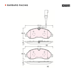 Barbaro Racing KD6091 brake pad shape drawing - 171.9 x 66.2 x 16 mm