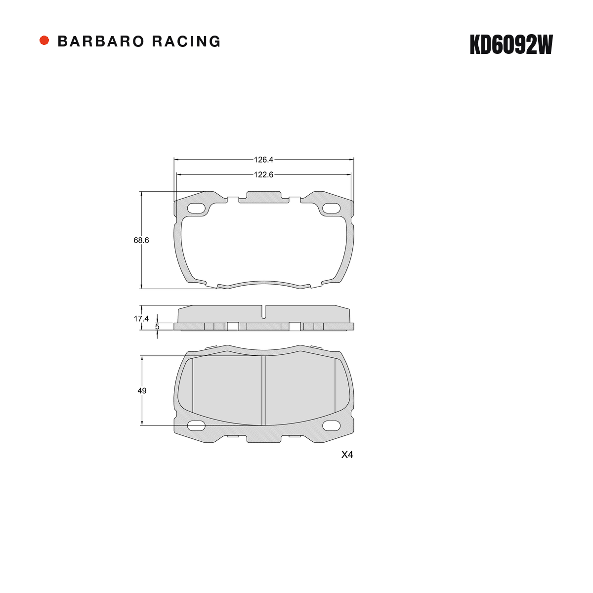 Barbaro Racing KD6092W brake pad shape drawing - 126.4 x 68.6 x 17.4 mm
