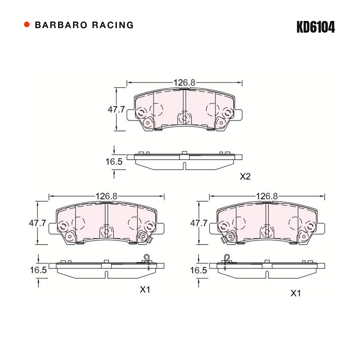 Barbaro Racing KD6104 brake pad shape drawing - 126.7 x 47.7 x 16.5 mm