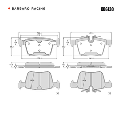 Barbaro Racing KD6130 brake pad shape drawing - 122.5 x 56.2 x 15.2 mm