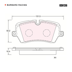 Barbaro Racing KD6136 brake pad shape drawing - 131.5 x 58.2 x 16.4 mm