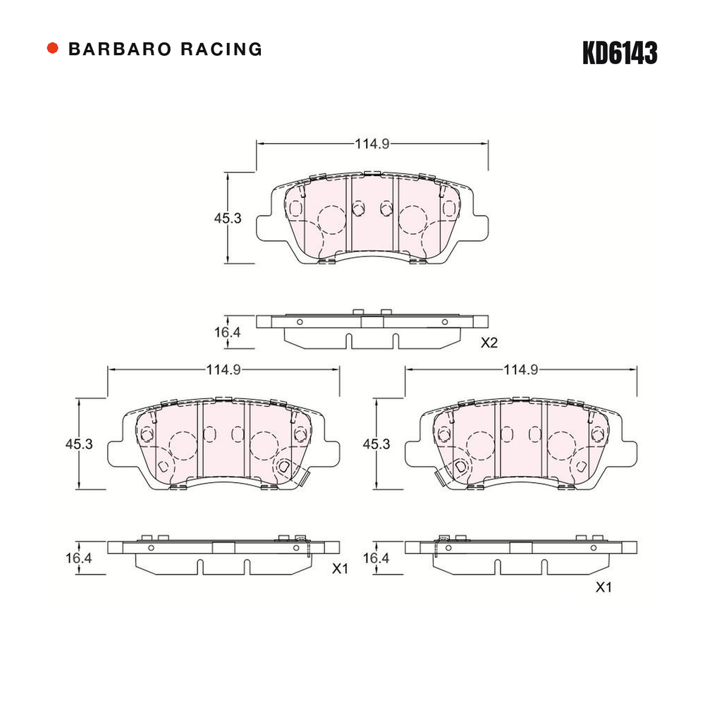 Barbaro Racing KD6143 brake pad shape drawing - 114.9 x 45.3 x 16.4 mm