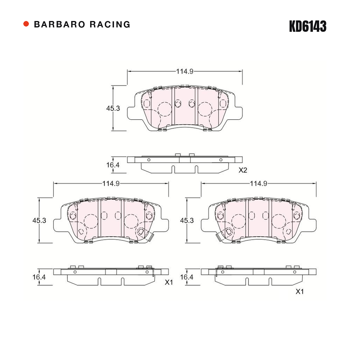 Barbaro Racing KD6143 brake pad shape drawing - 114.9 x 45.3 x 16.4 mm