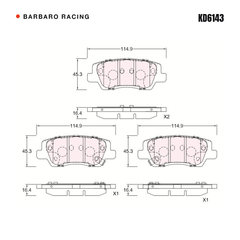 Barbaro Racing KD6143 brake pad shape drawing - 114.9 x 45.3 x 16.4 mm