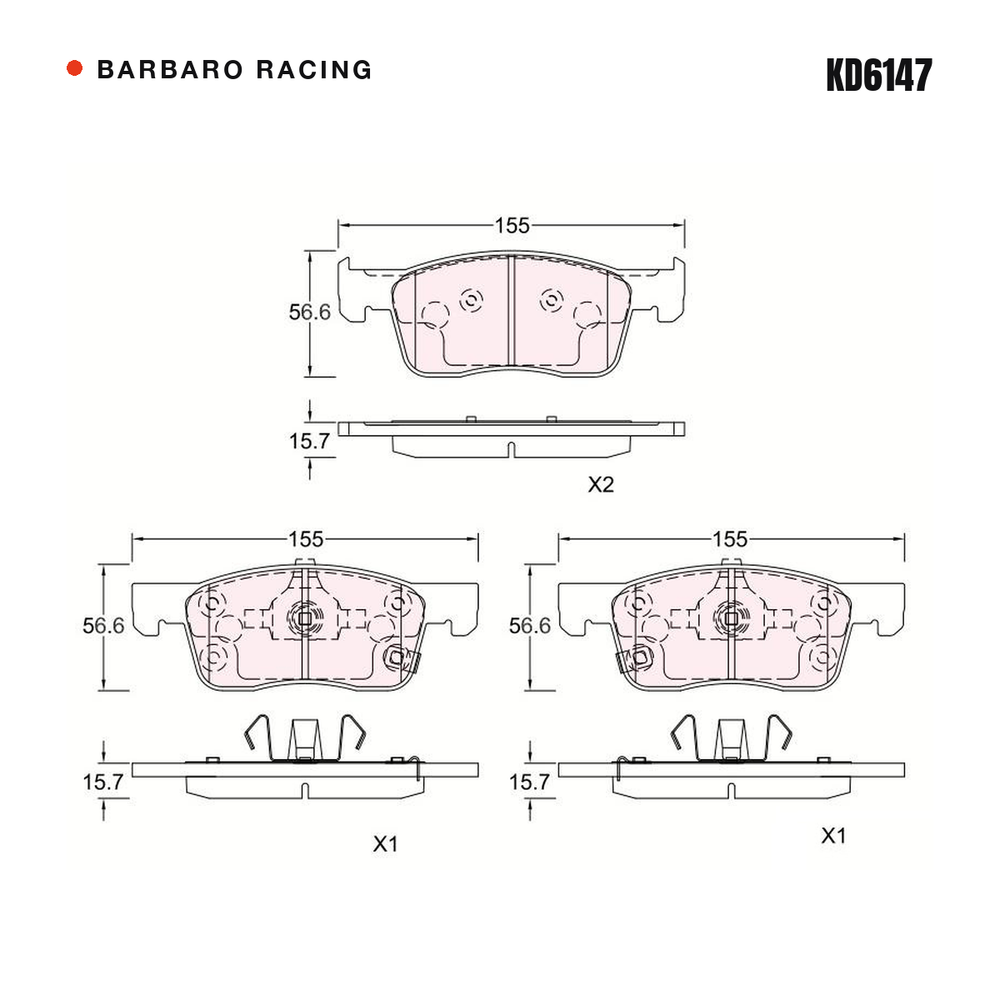Barbaro Racing KD6147 brake pad shape drawing - 155 x 56.6 x 15.7 mm