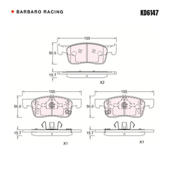 Barbaro Racing KD6147 brake pad shape drawing - 155 x 56.6 x 15.7 mm