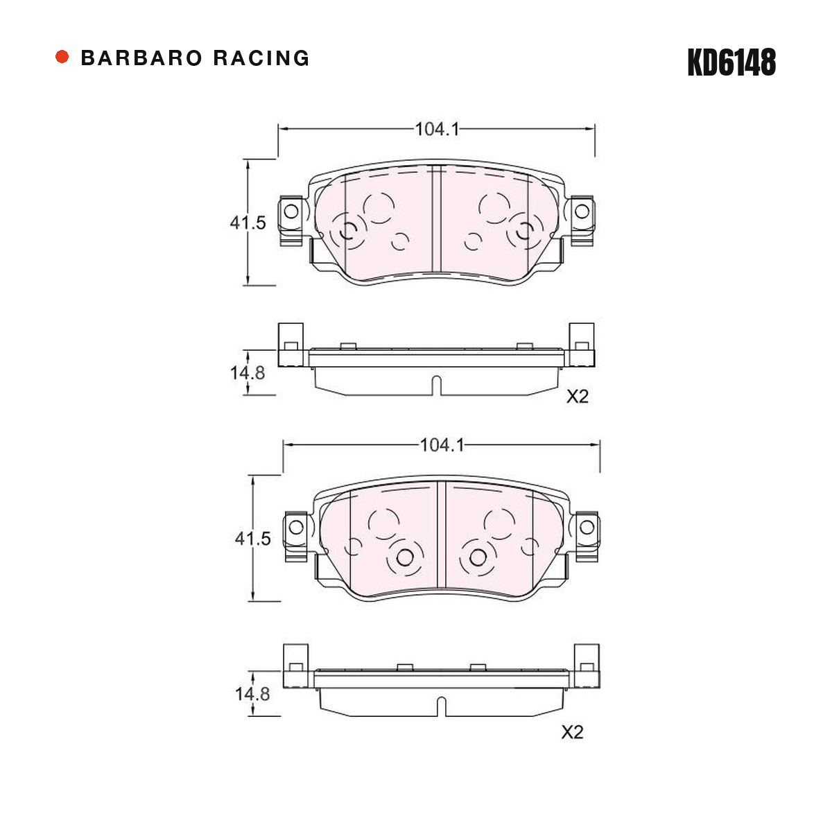 Barbaro Racing KD6148 brake pad shape drawing - 104.1 x 41.5 x 14.8 mm