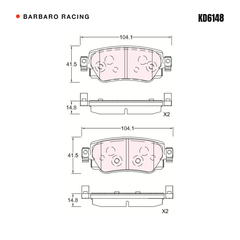 Barbaro Racing KD6148 brake pad shape drawing - 104.1 x 41.5 x 14.8 mm