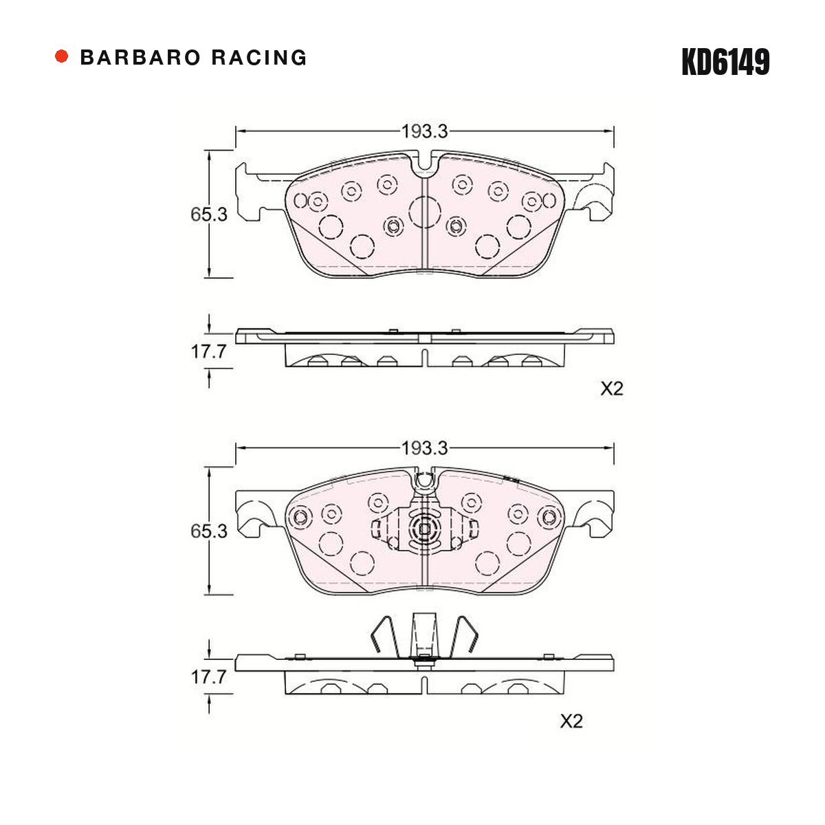 Barbaro Racing KD6149 brake pad shape drawing - 193.3 x 65.3 x 16.7 mm