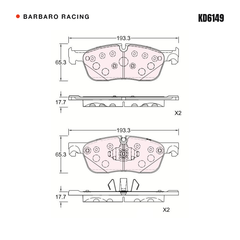 Barbaro Racing KD6149 brake pad shape drawing - 193.3 x 65.3 x 16.7 mm