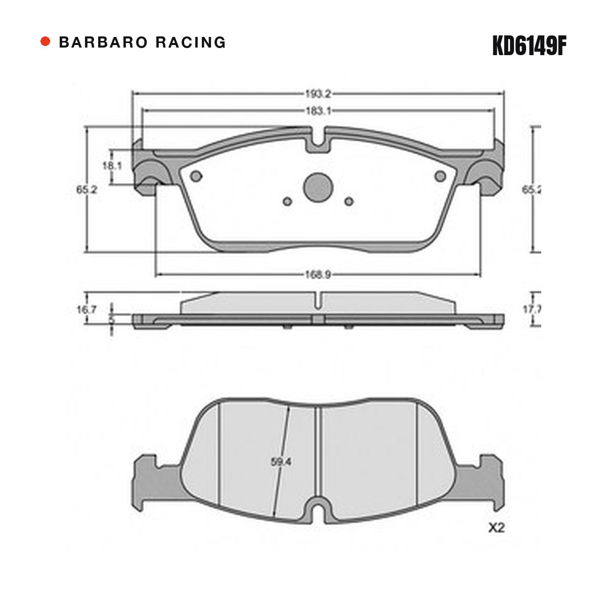 Barbaro Racing KD6149F brake pad shape drawing - 193.2 x 65.2 x 16.7 mm