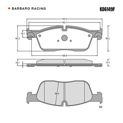 Barbaro Racing KD6149F brake pad shape drawing - 193.2 x 65.2 x 16.7 mm