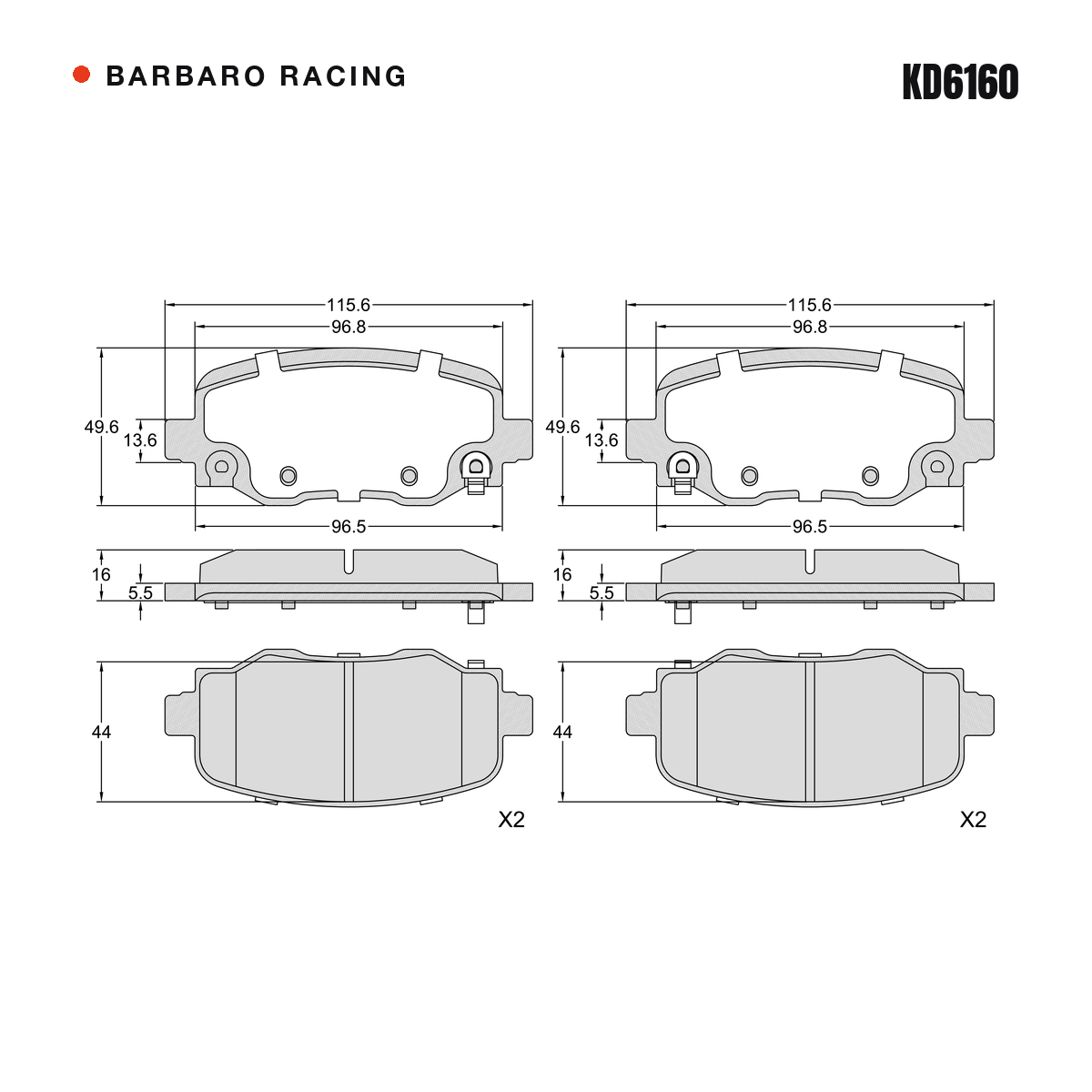 Barbaro Racing KD6160 brake pad shape drawing - 115.6 x 49.6 x 16 mm