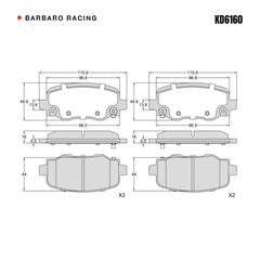 Barbaro Racing KD6160 brake pad shape drawing - 115.6 x 49.6 x 16 mm