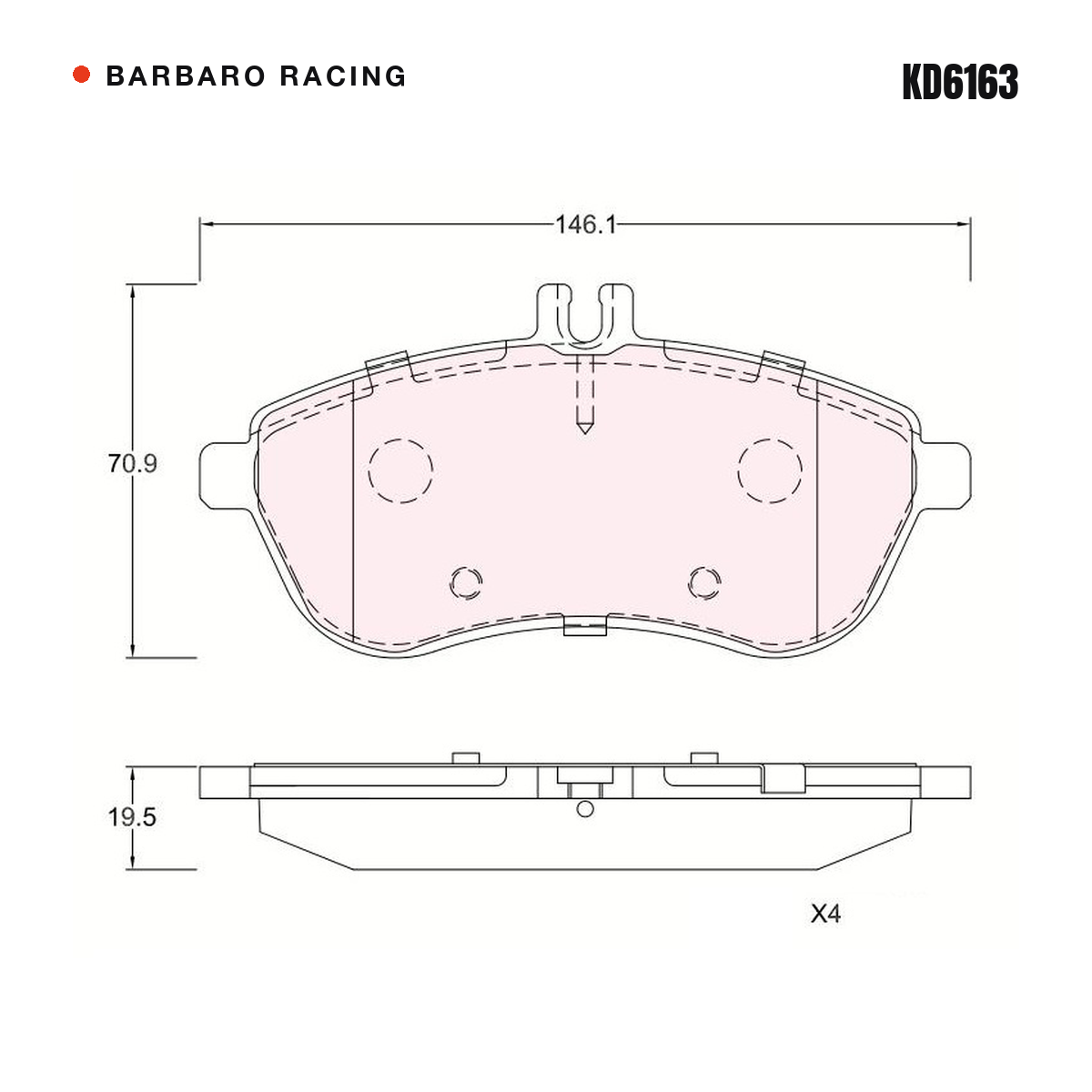 Barbaro Racing KD6163 brake pad shape drawing - 146.1 x 70.8 x 19.5 mm