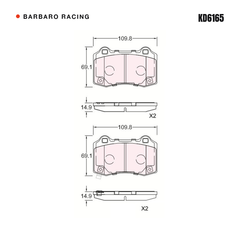 Barbaro Racing KD6165 brake pad shape drawing - 109.8 x 69.1 x 14.9 mm