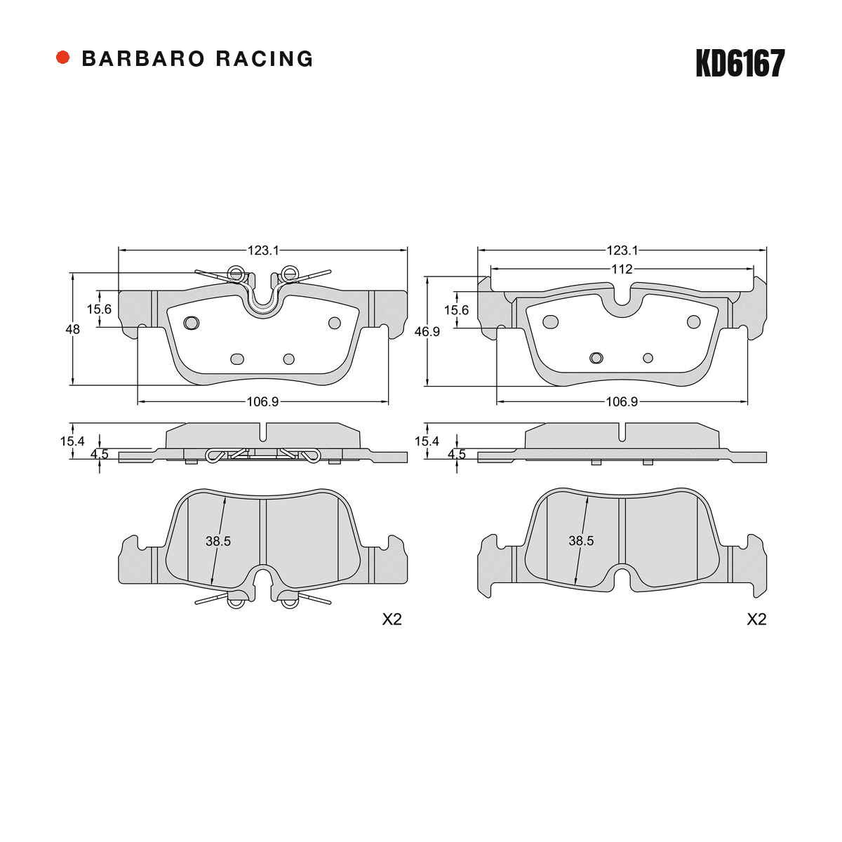 Barbaro Racing KD6167 brake pad shape drawing - 123.1 x 47.9 x 15.4 mm