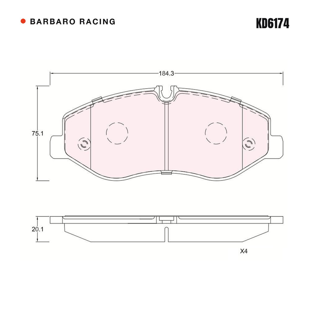 Barbaro Racing KD6174 brake pad shape drawing - 184.3 x 75.1 x 20.1 mm