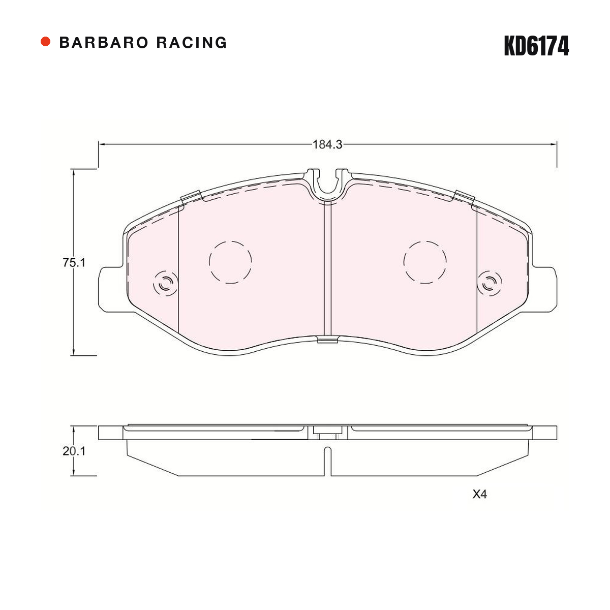 Barbaro Racing KD6174 brake pad shape drawing - 184.3 x 75.1 x 20.1 mm