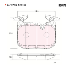 Barbaro Racing KD6179 brake pad shape drawing - 112.3 x 91.5 x 16.9 mm
