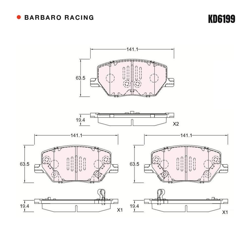 Barbaro Racing KD6199 brake pad shape drawing - 141.1 x 63.5 x 19.4 mm