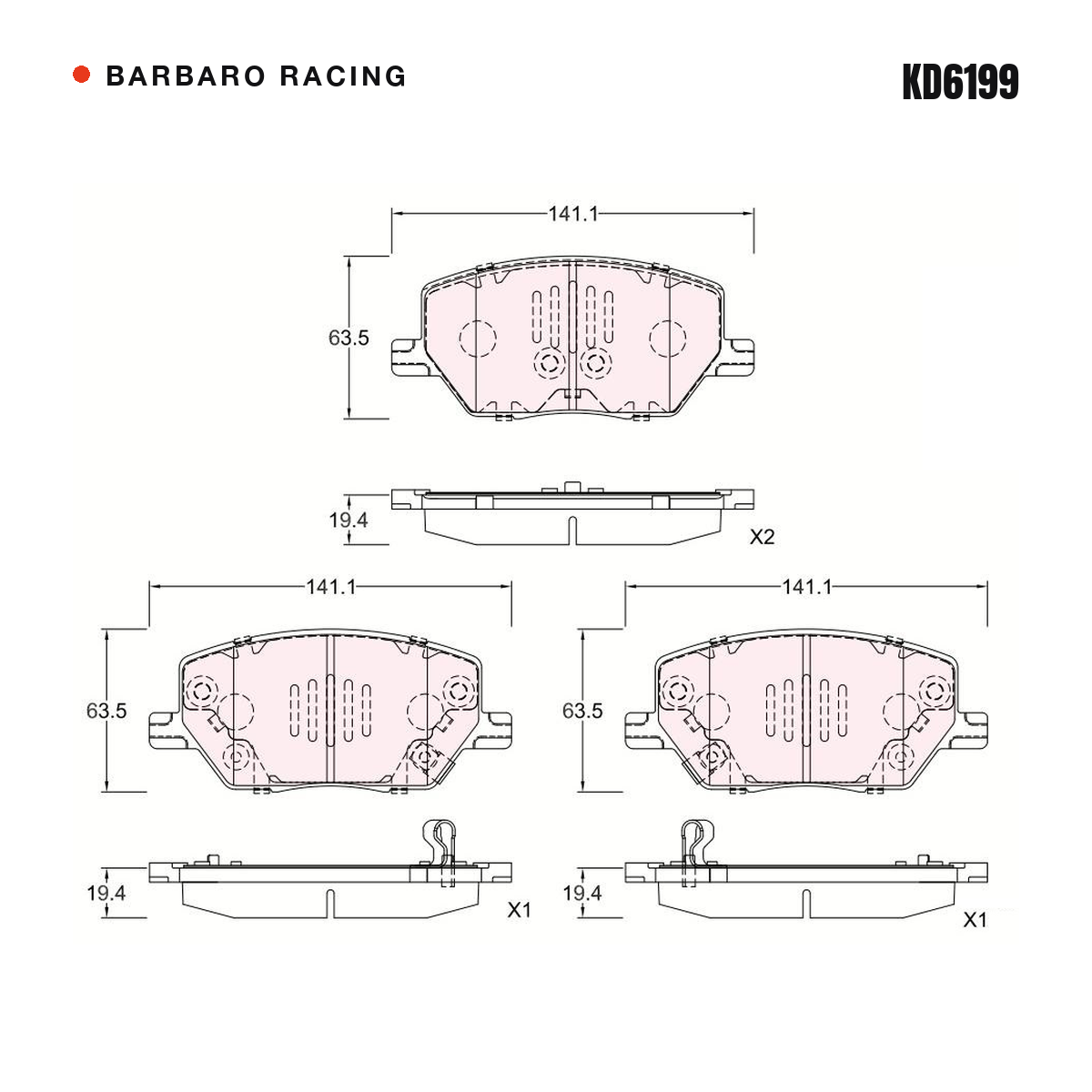 Barbaro Racing KD6199 brake pad shape drawing - 141.1 x 63.5 x 19.4 mm