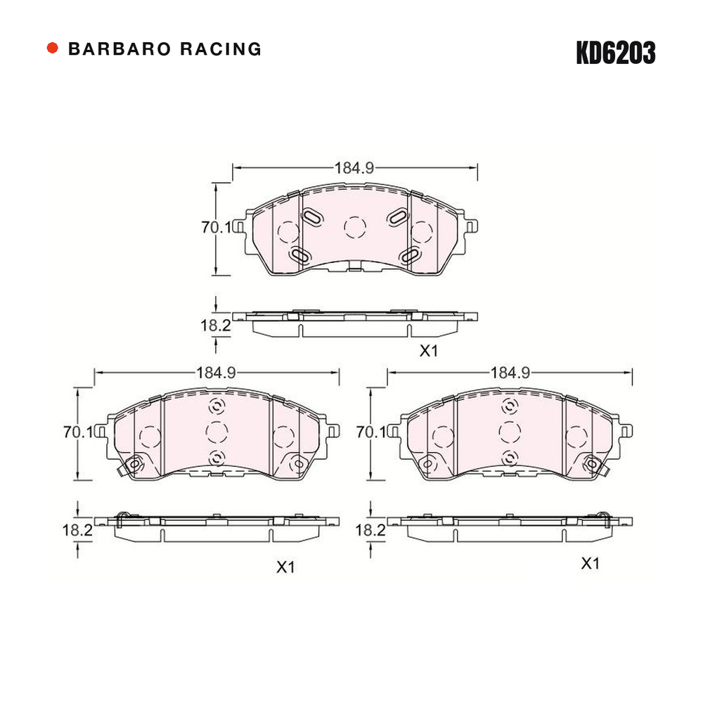 Barbaro Racing KD6203 brake pad shape drawing - 184.9 x 70.1 x 18.2 mm