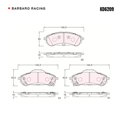 Barbaro Racing KD6209 brake pad shape drawing - 148.3 x 53 x 15 mm