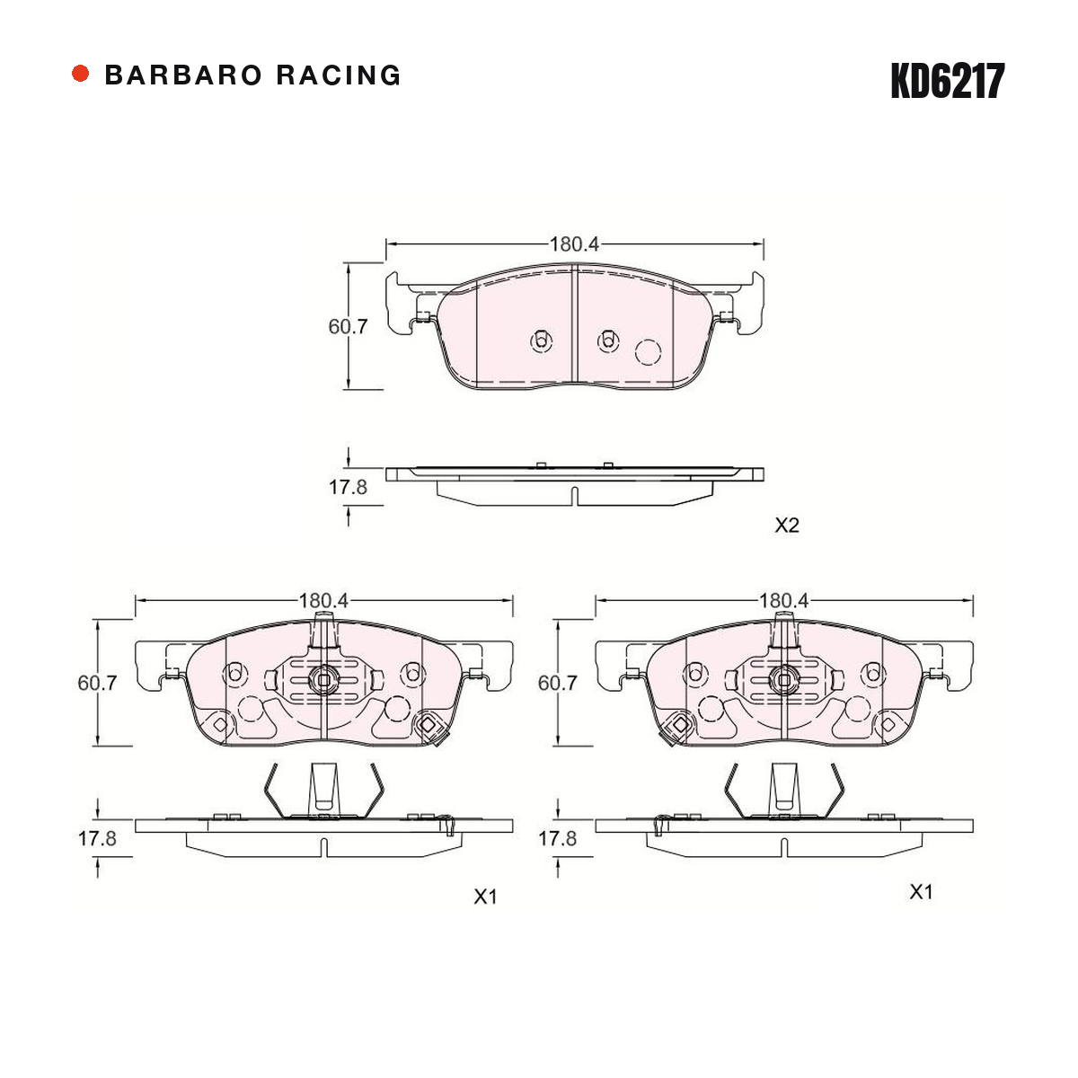 Barbaro Racing KD6217 brake pad shape drawing - 180.4 x 60.7 x 17.8 mm