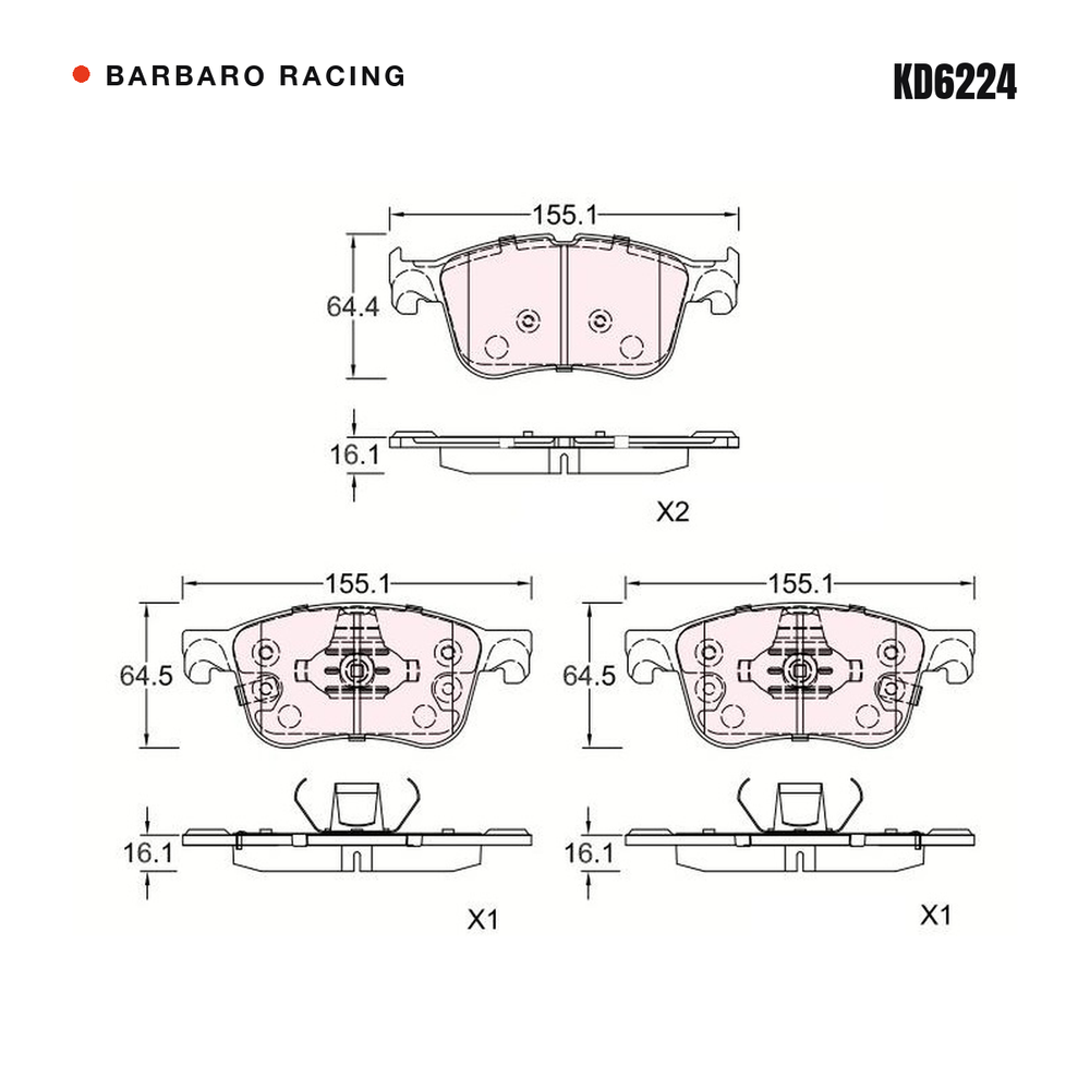 Barbaro Racing KD6224 brake pad shape drawing - 155.1 x 64.4 x 16.1 mm