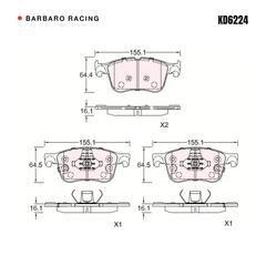Barbaro Racing KD6224 brake pad shape drawing - 155.1 x 64.4 x 16.1 mm