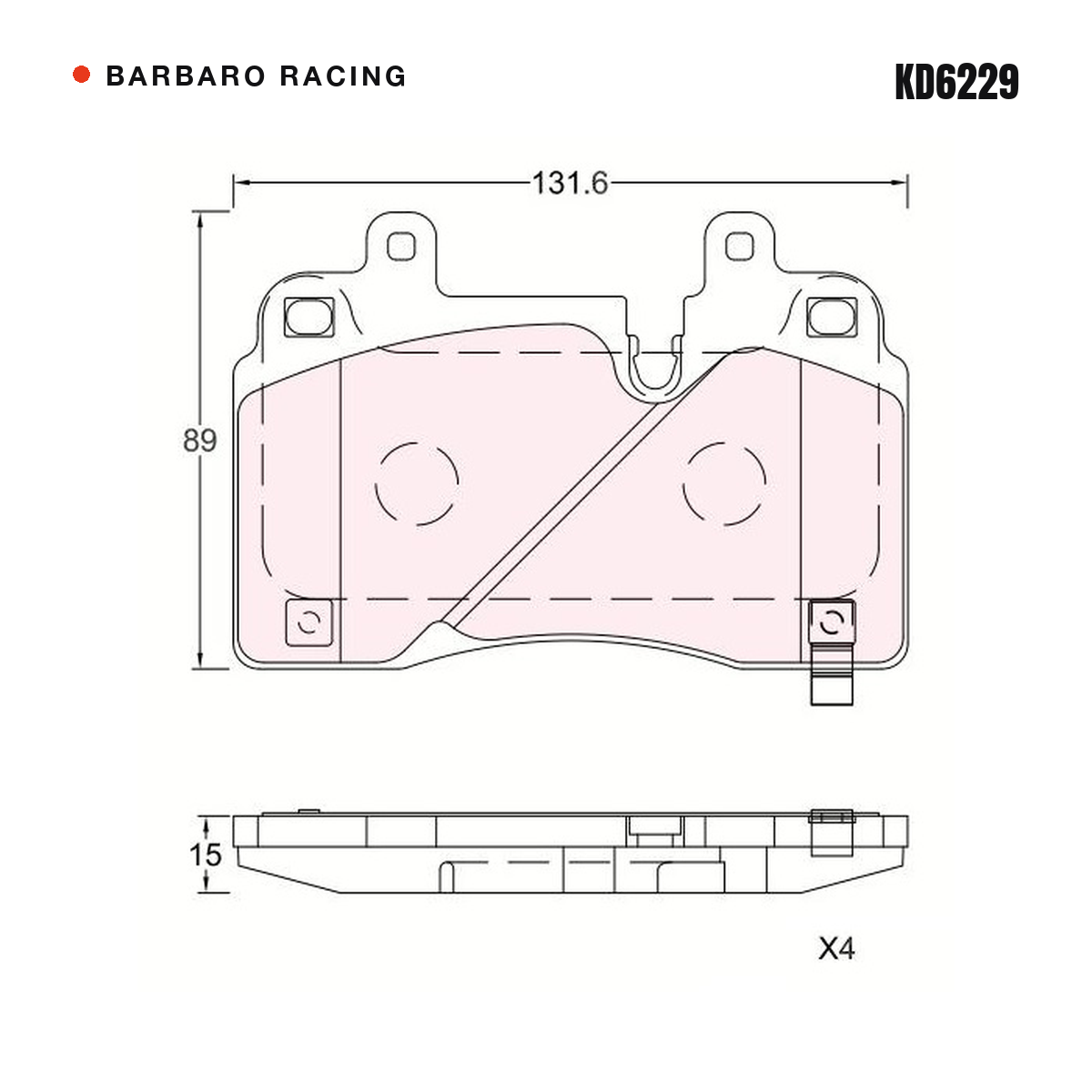 Barbaro Racing KD6229 brake pad shape drawing - 131.6 x 89 x 15 mm
