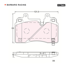 Barbaro Racing KD6229 brake pad shape drawing - 131.6 x 89 x 15 mm