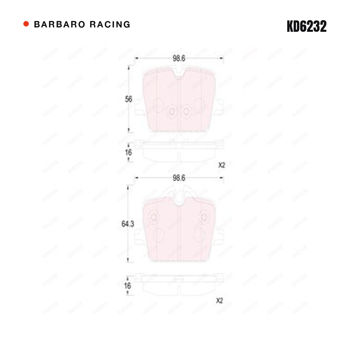 Barbaro Racing KD6232 brake pad shape drawing - 98.6 x 56 x 16 mm