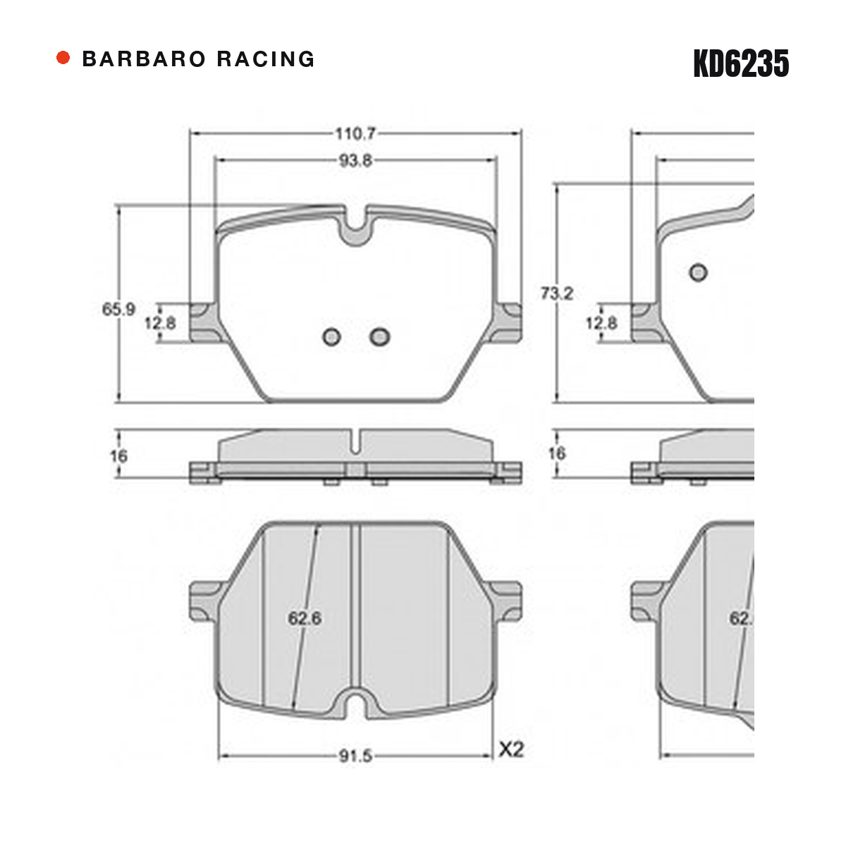 Barbaro Racing KD6235 brake pad shape drawing - 110.7 x 65.9 x 16 mm