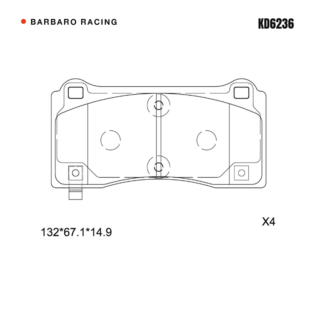Barbaro Racing KD6236 brake pad shape drawing - 132 x 67.1 x 14.9 mm