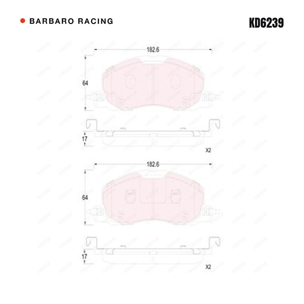 Barbaro Racing KD6239 brake pad shape drawing - 182.6 x 64 x 17 mm