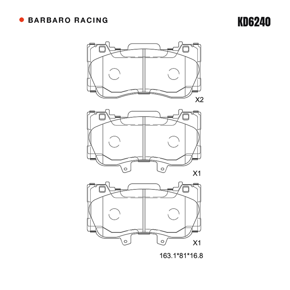 Barbaro Racing KD6240 brake pad shape drawing - 163.1 x 81 x 16.8 mm
