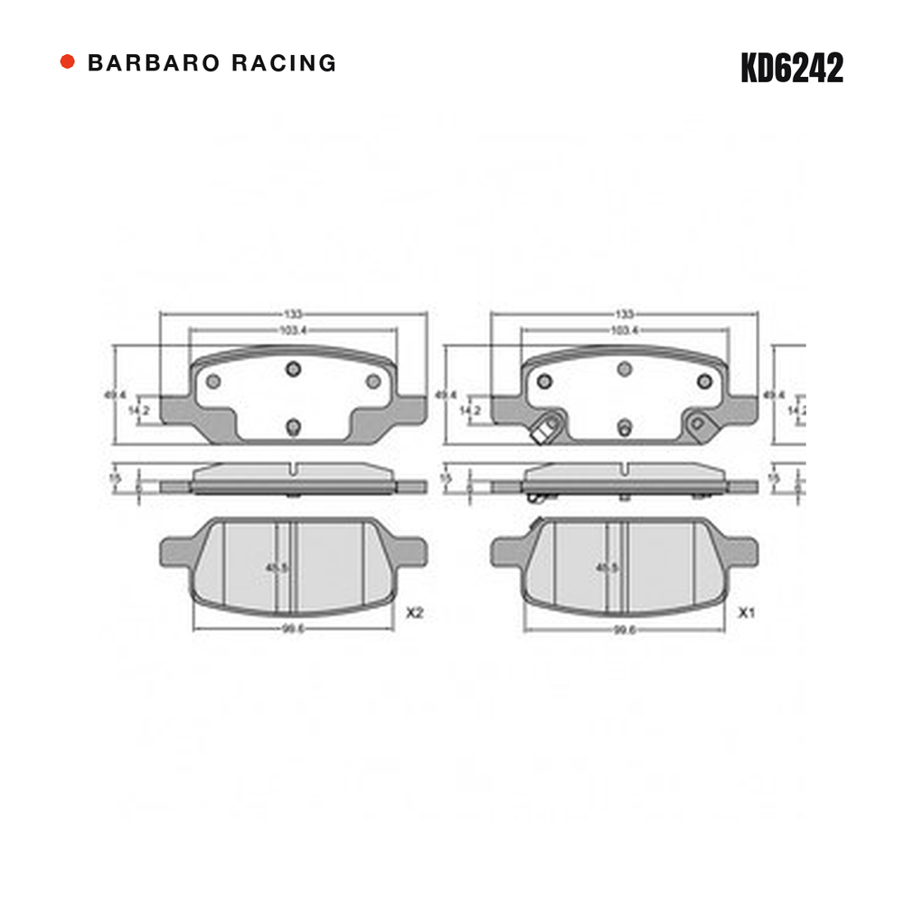 Barbaro Racing KD6242 brake pad shape drawing - 133 x 49.4 x 15 mm