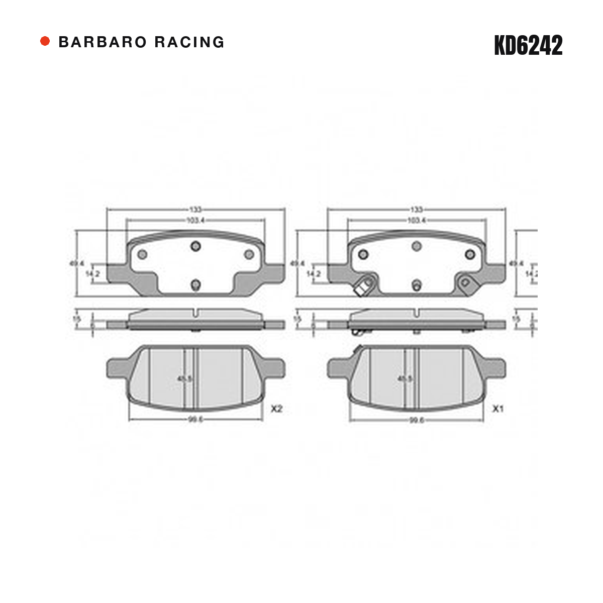 Barbaro Racing KD6242 brake pad shape drawing - 133 x 49.4 x 15 mm