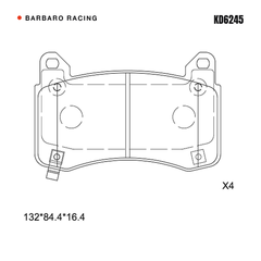 Barbaro Racing KD6245 brake pad shape drawing - 132 x 84.4 x 16.4 mm