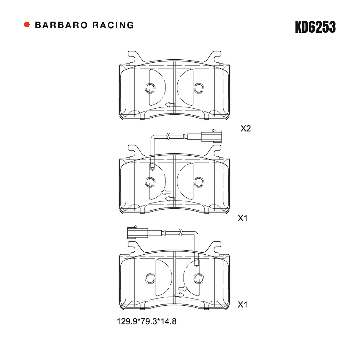 Barbaro Racing KD6253 brake pad shape drawing - 129.9 x 79.3 x 14.8 mm