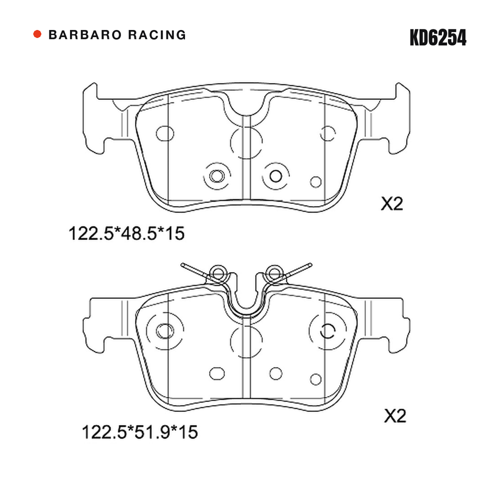 Barbaro Racing KD6254 brake pad shape drawing - 122.5 x 48.5 x 15 mm