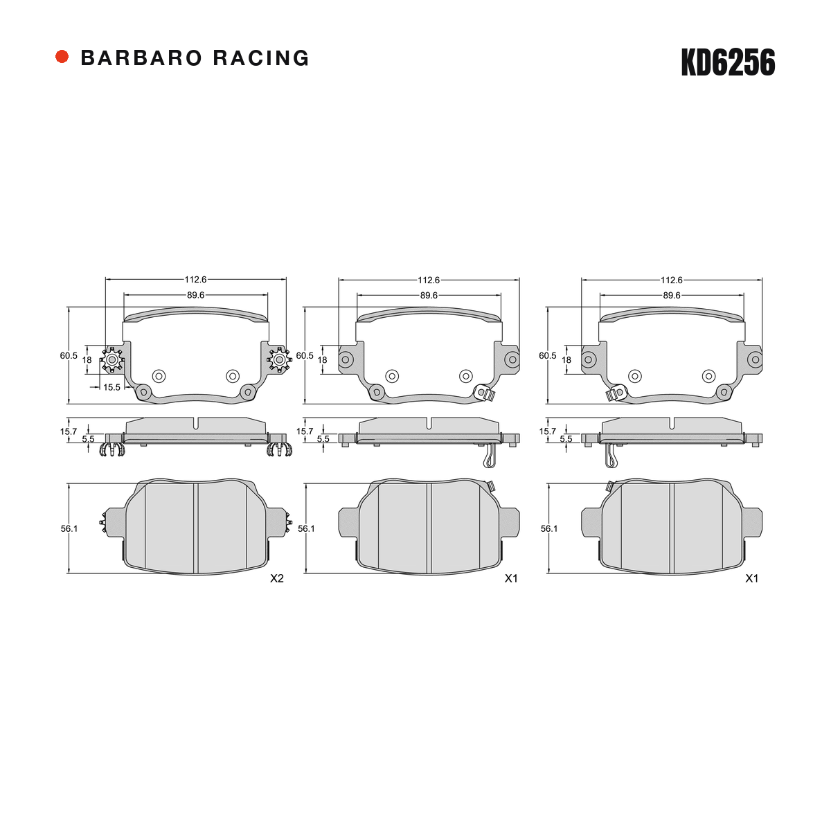 Barbaro Racing KD6256 brake pad shape drawing - 112.6 x 60.5 x 15.7 mm
