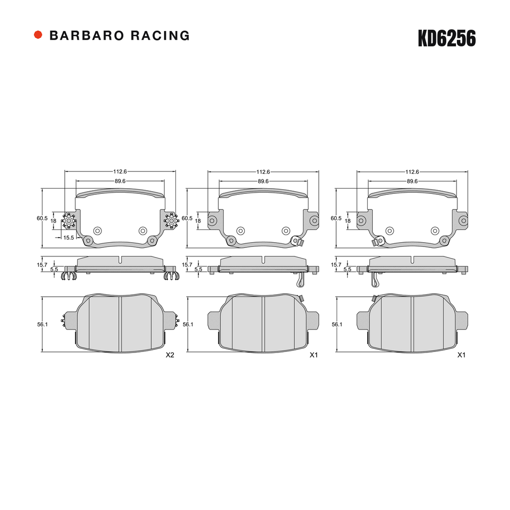 Barbaro Racing KD6256 brake pad shape drawing - 112.6 x 60.5 x 15.7 mm