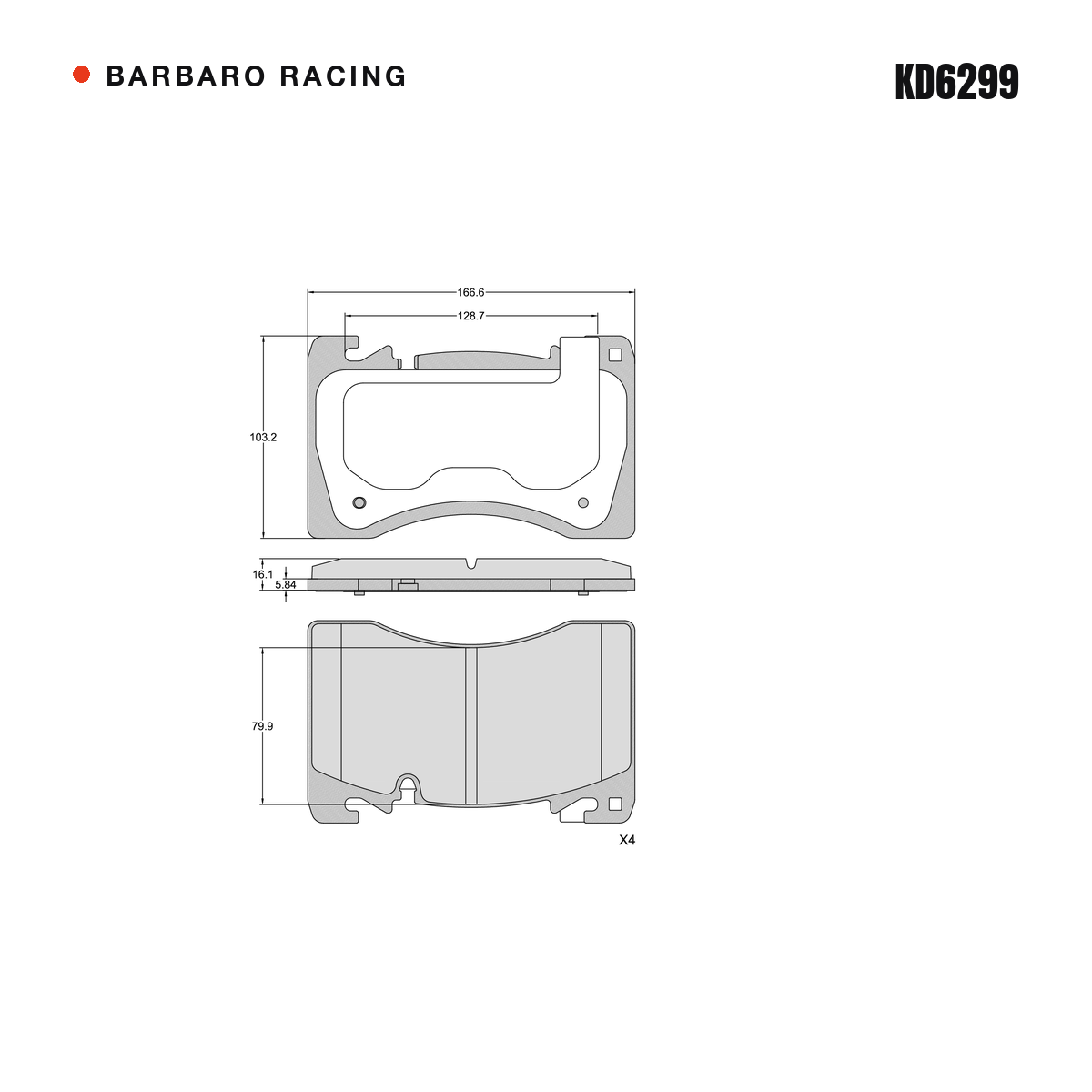 Barbaro Racing KD6299 brake pad shape drawing - 166.6 x 103.2 x 16.1 mm